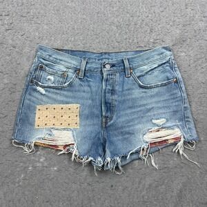 Levi's 501 Jean Shorts Women's 30 Blue Cut Off Denim Booty Patchwork Fringe 2.5"